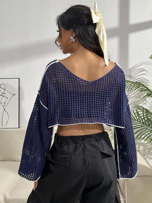'Liora' Contrast Patches Long Sleeve Cropped Knit Sweater - Celes Fashion